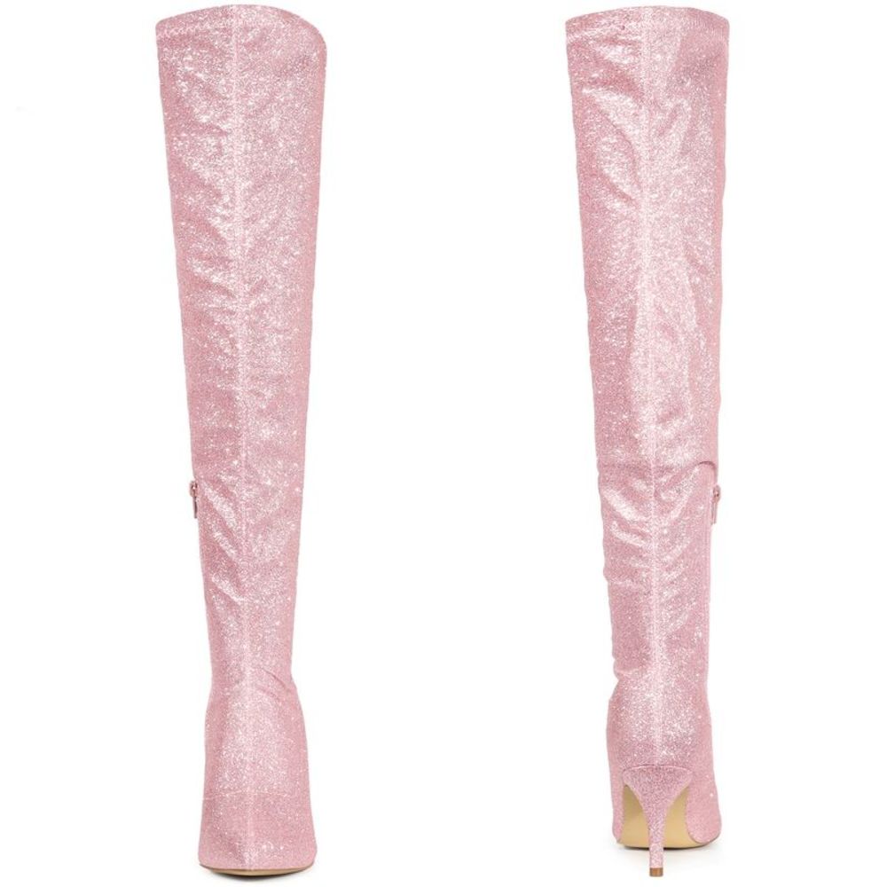 Glitter Pointed Toe Stiletto Heels Pink Over the Knee Boots - Picture 2 of 5